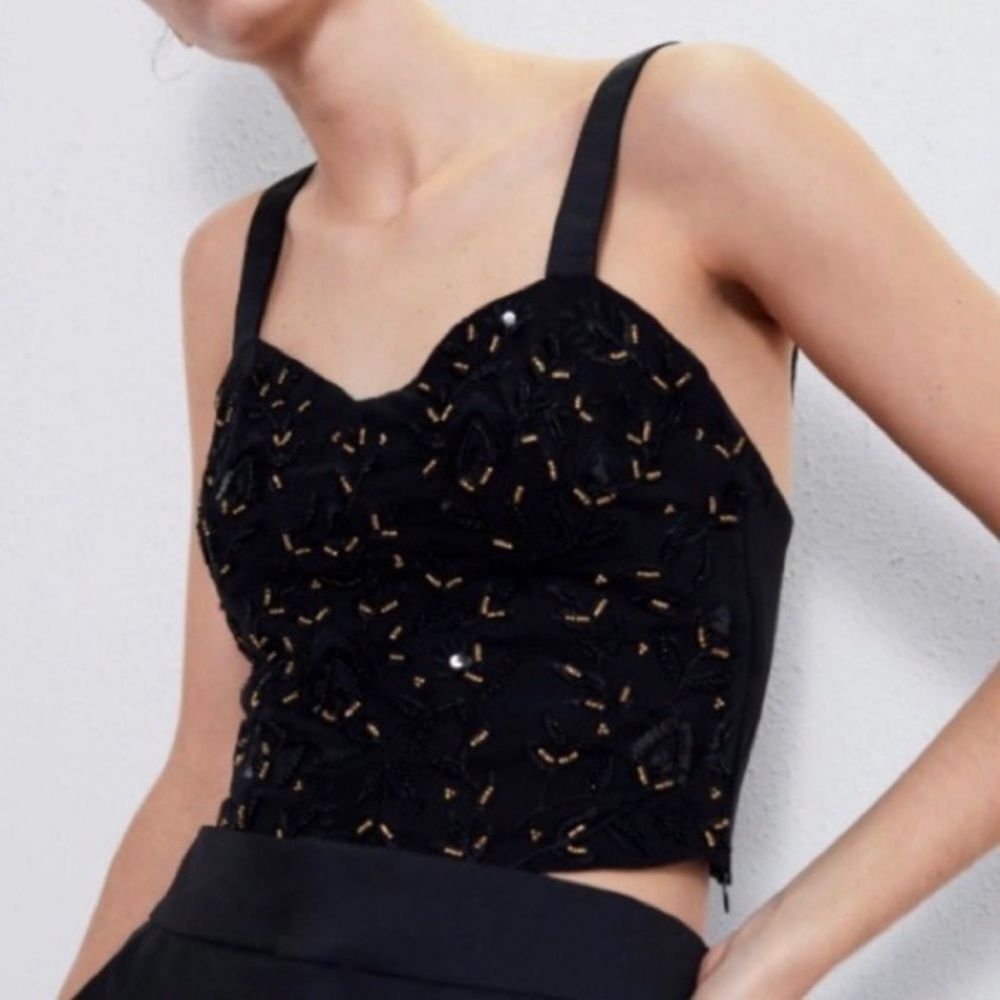 ZARA black beaded & sequins embellished cropped cami top women's size small - Picture 2 of 8